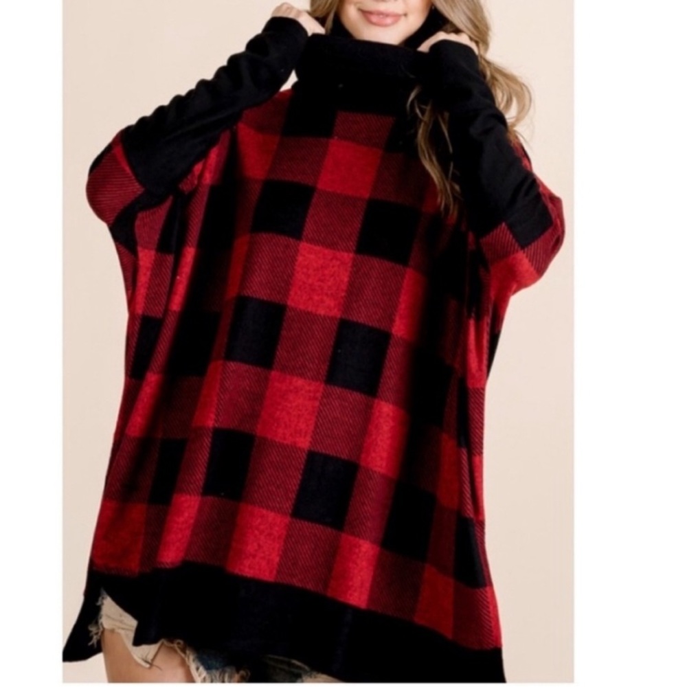 NWT Trendy Groovy Glam Buffalo Plaid OVERSIZED Comfy Boho Tunic Poncho Black Red - Picture 3 of 3